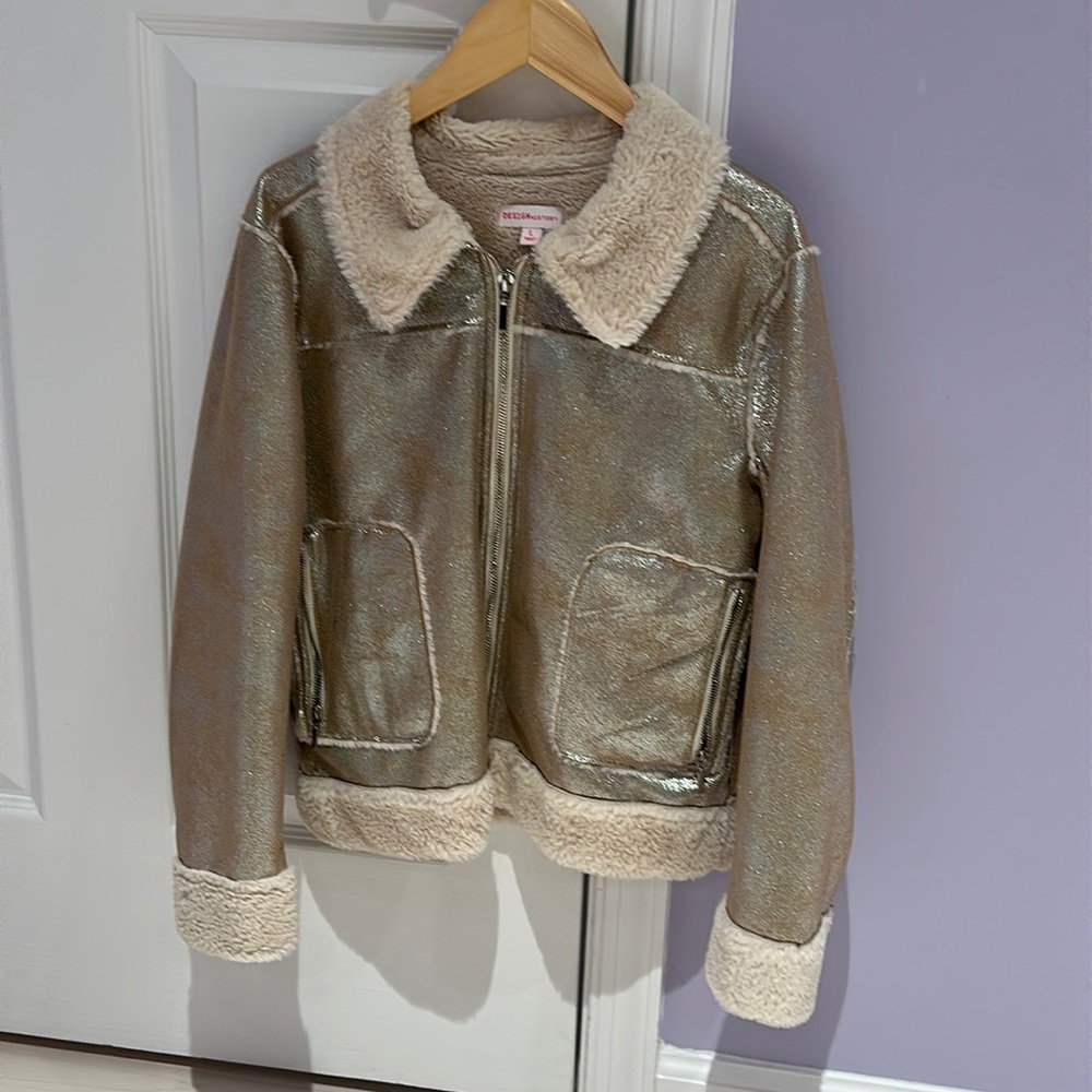 Girls Design History metallic platinum Bomber Jacket - size Large